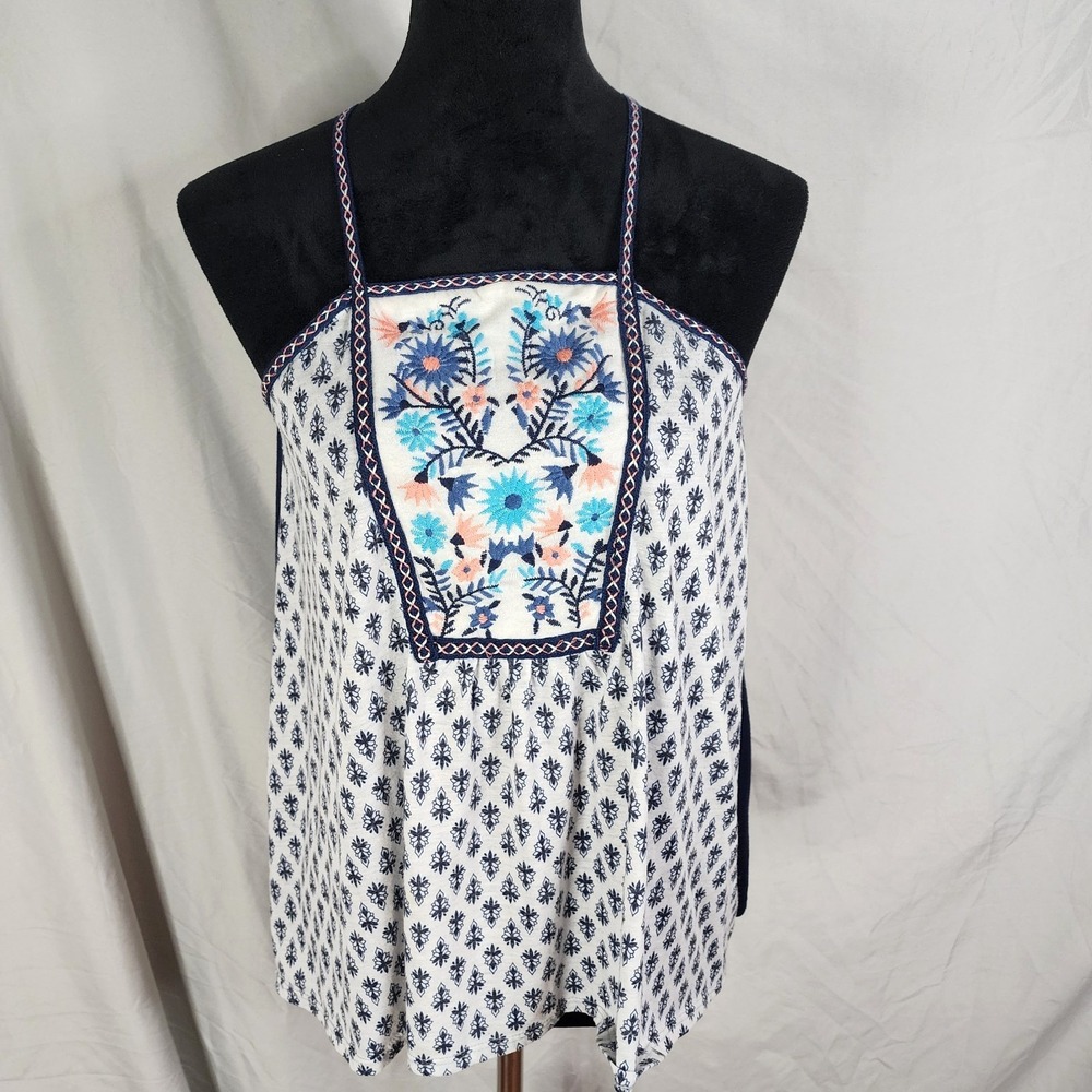 JOLT Size Medium Blue Floral Boho Beach Square Neck Pleated Strappy Tank Top EUC - Picture 2 of 10